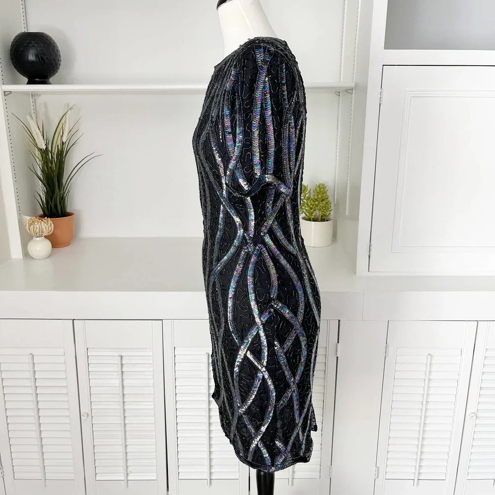 Vintage Laurence Kazar Women's Beaded Sequin Silk Dress Size 6/8 - Picture 3 of 8